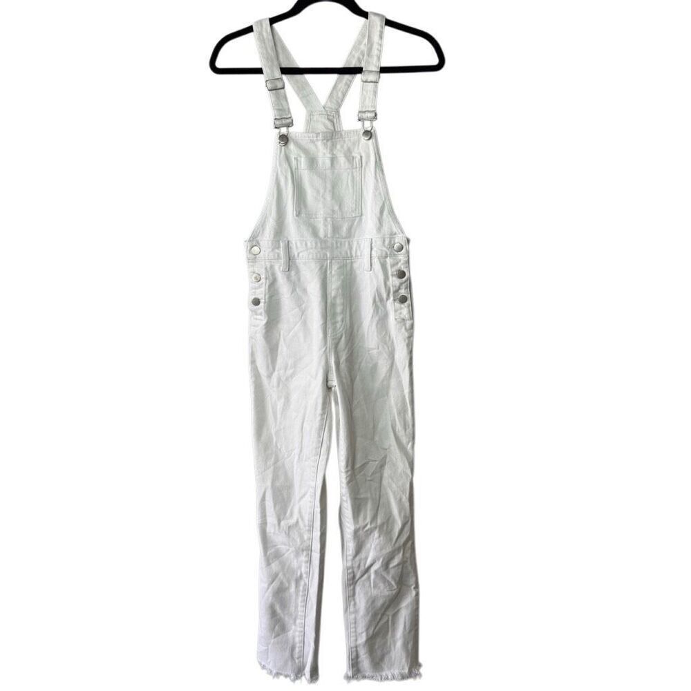 J Brand Jules Skinny Fit Raw Hem Button Fly Denim Overalls White Sz XS